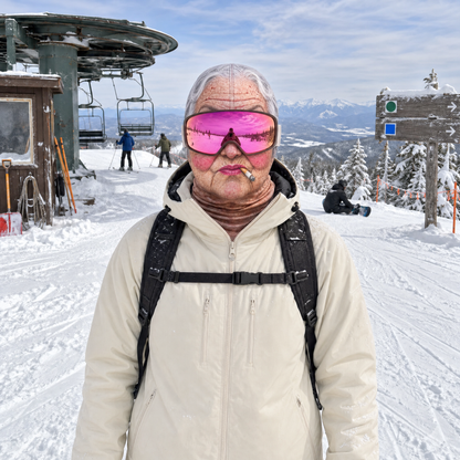 Smoking Granny ski mask worn on the mountain