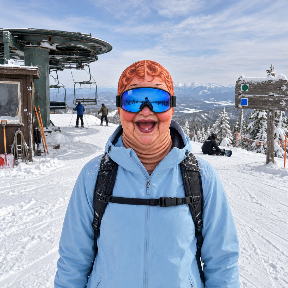 Ginger Curls granny ski mask worn on the mountain