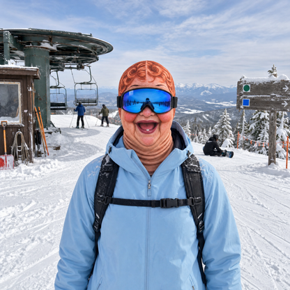 Ginger Curls granny ski mask worn on the mountain