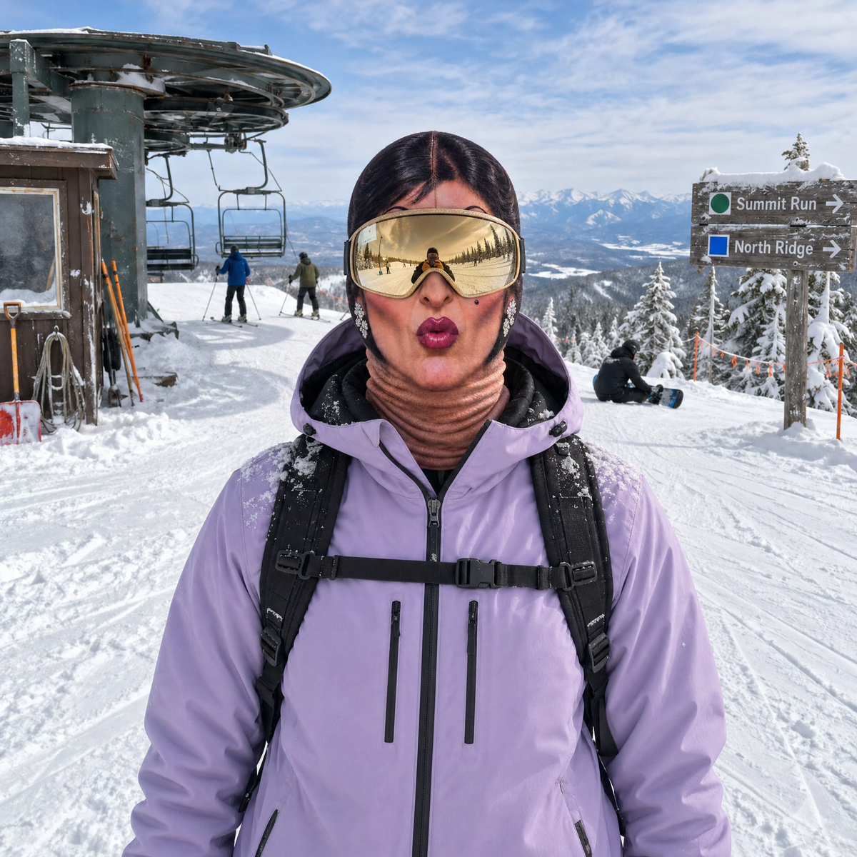 Glam Pout ski mask worn on the mountain