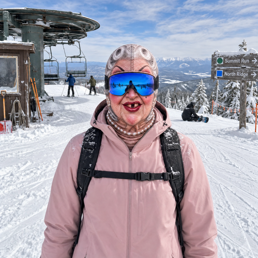 Pearl Granny ski mask worn on the mountain